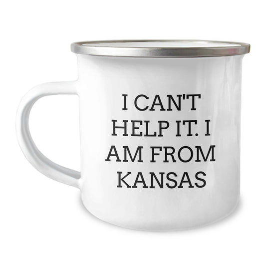 Kansas Proud Camping Mug, Funny Quote Gifts from Friends to Family, 12 oz Stainless Steel with Enamel Finish, Perfect for Graduation, I Can't Help It. I Am From Kansas - Image 1