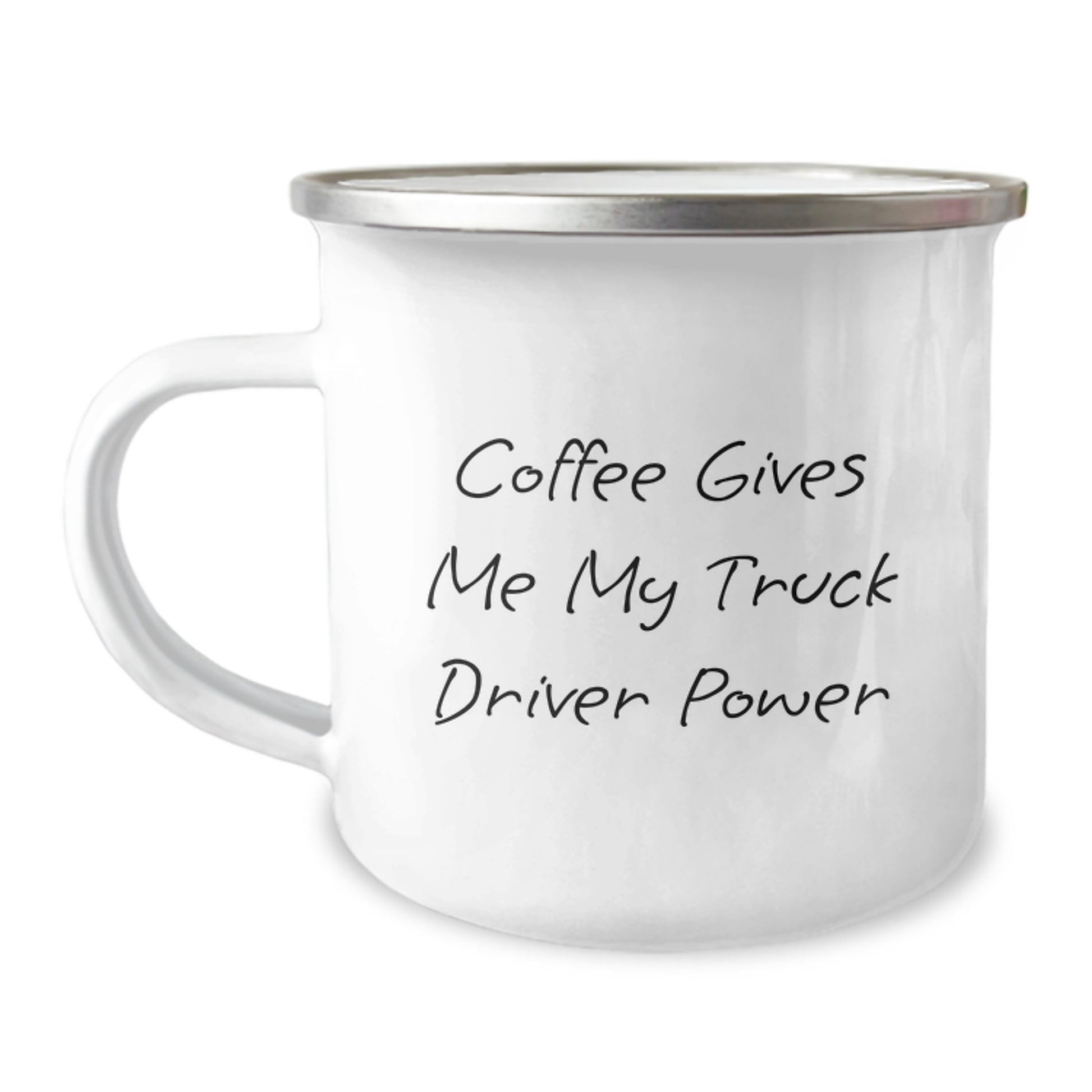 Funny Truck Driver Gifts from Family to New Truck Driver Graduates - Coffee Gives Me My Power Camping Mug, 12 oz Stainless Steel with Enamel Finish - Image 1
