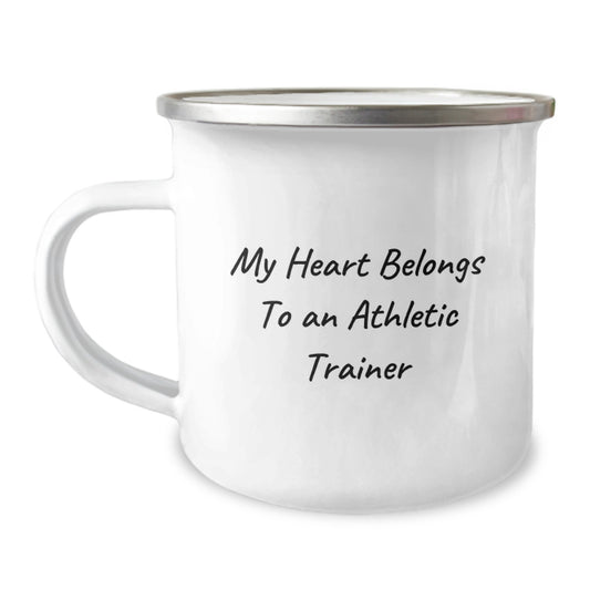 Funny Athletic Trainer Gifts from Friends for Men - 'My Heart Belongs To An Athletic Trainer' Enamel Camping Mug, 12 oz Stainless Steel, Unique Birthday Present - Image 1