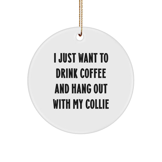 Funny Collie Dog Lover Gifts from Friends to Family - 'I Just Want To Drink Coffee And Hang Out With My Collie' Circle Ornament - Image 1