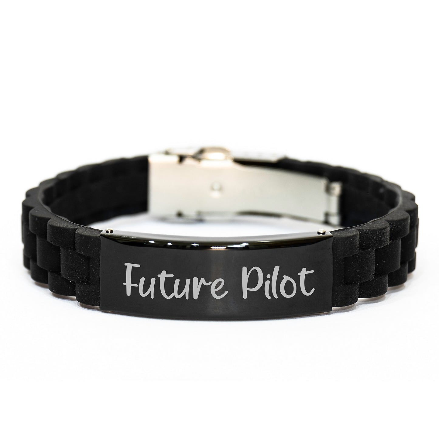 Future Pilot Quote Funny Gift for Men from Friends on Graduation Unique Gifts, Pilot Glide lock Clasp Bracelet, Silver Black Stainless Steel Silicone Adjustable - Image 1