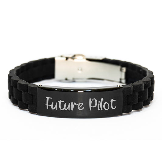 Future Pilot Quote Funny Gift for Men from Friends on Graduation Unique Gifts, Pilot Glide lock Clasp Bracelet, Silver Black Stainless Steel Silicone Adjustable - Image 1
