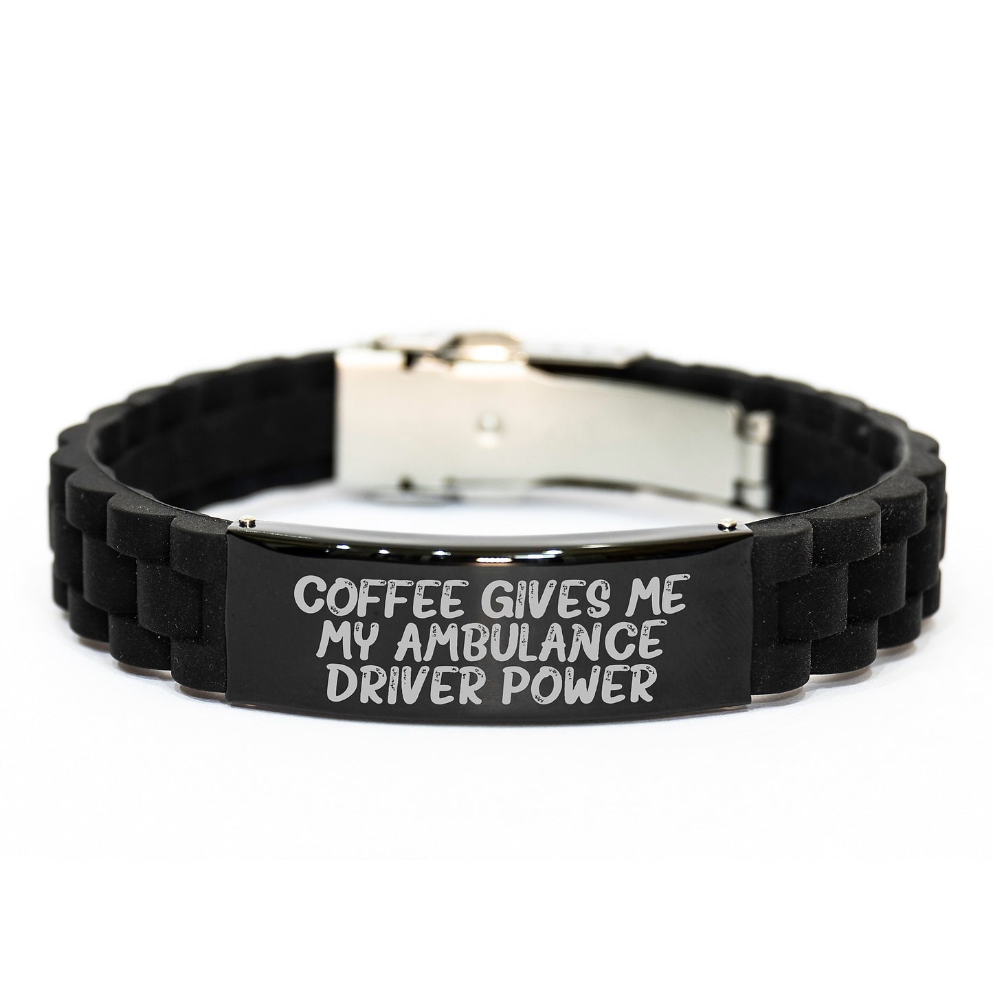 Ambulance Driver Power Gifts from Friends for Ambulance Driver Graduation - Coffee Quote Glide lock Clasp Black Stainless Steel Silicone Adjustable Bracelt - Image 1