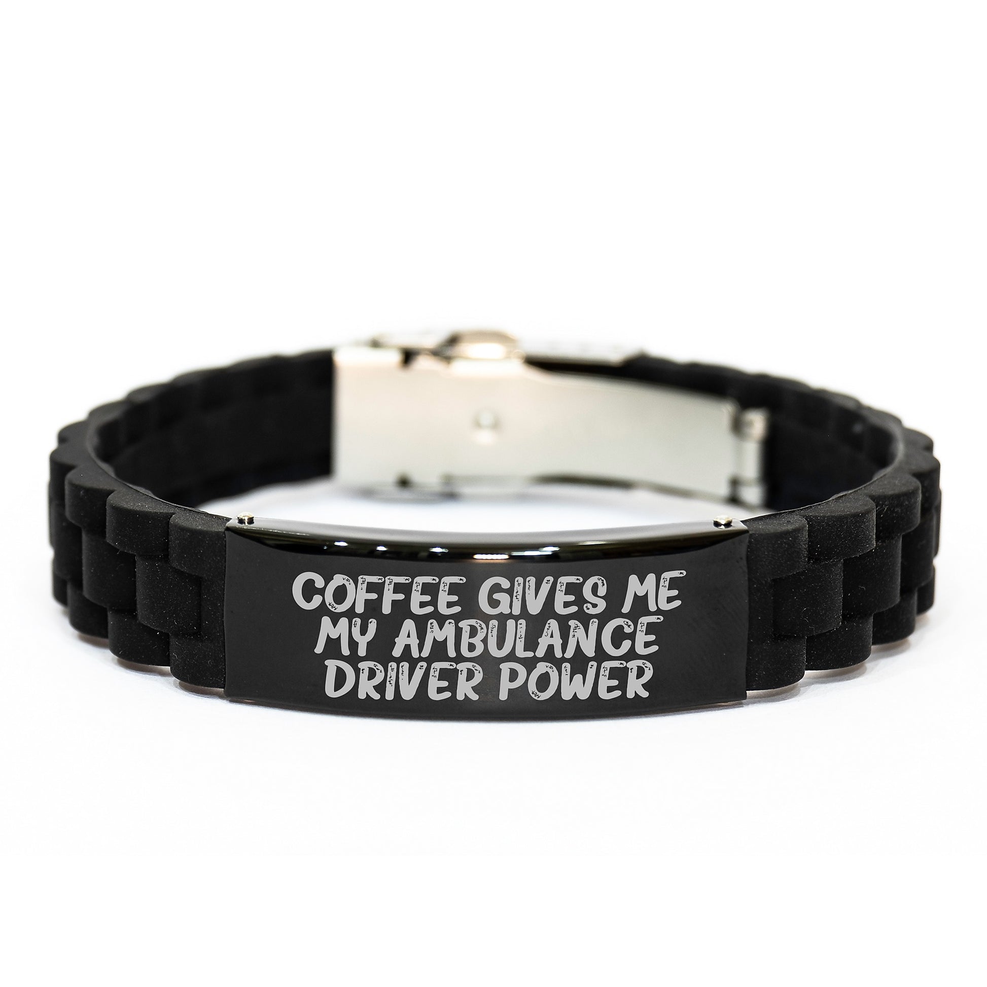 Ambulance Driver Power Gifts from Friends for Ambulance Driver Graduation - Coffee Quote Glide lock Clasp Black Stainless Steel Silicone Adjustable Bracelt - Image 1