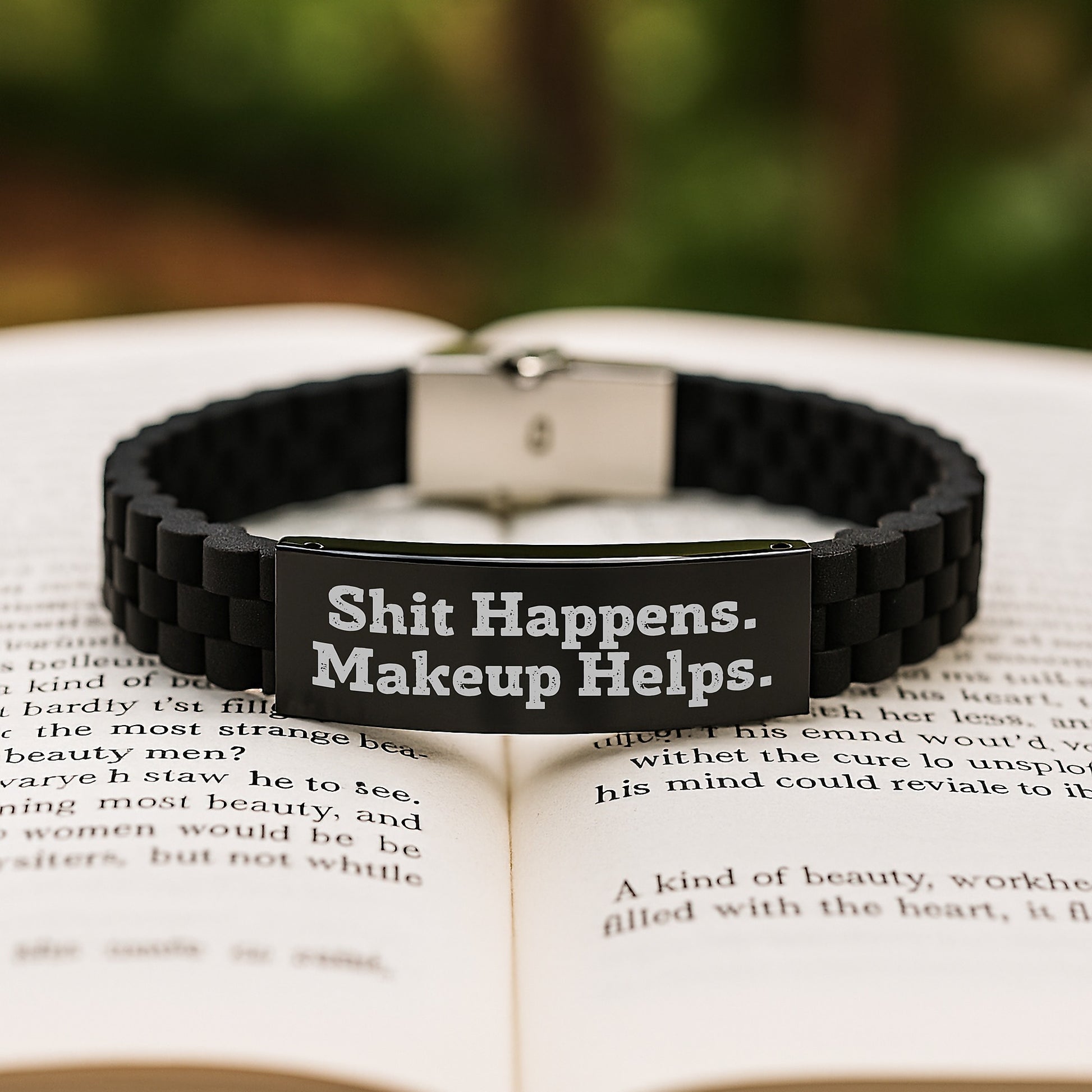 Makeup Lover's Gift, Funny Quote, Glide lock Clasp Birthday Jewelry - 'Shit Happens, Makeup Helps', Adjustable Black Stainless Steel Silicone Clasp, Premium Bag - Image 2