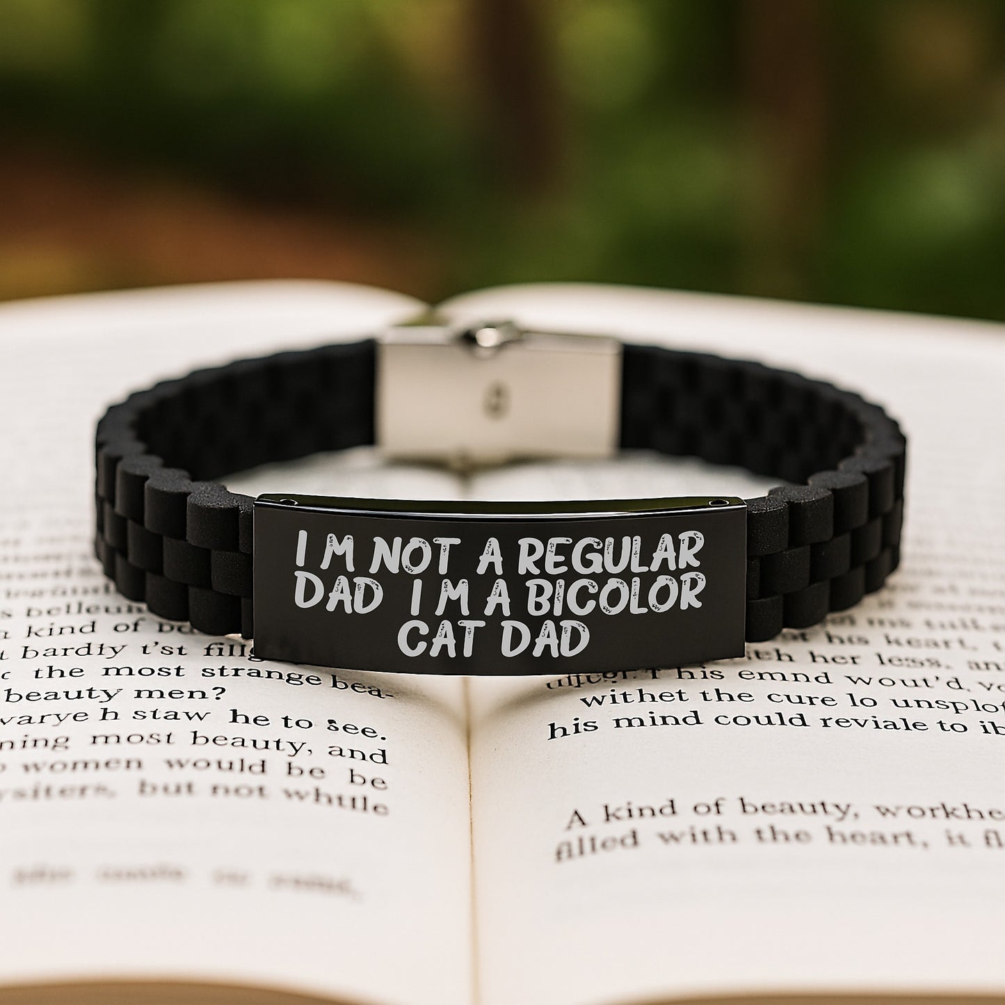 Funny Bicolor Cat Dad Gifts for Men from Friends - Glide lock Clasp Adjustable Black Silicone Stainless Steel Bracelet for Graduation - Image 2