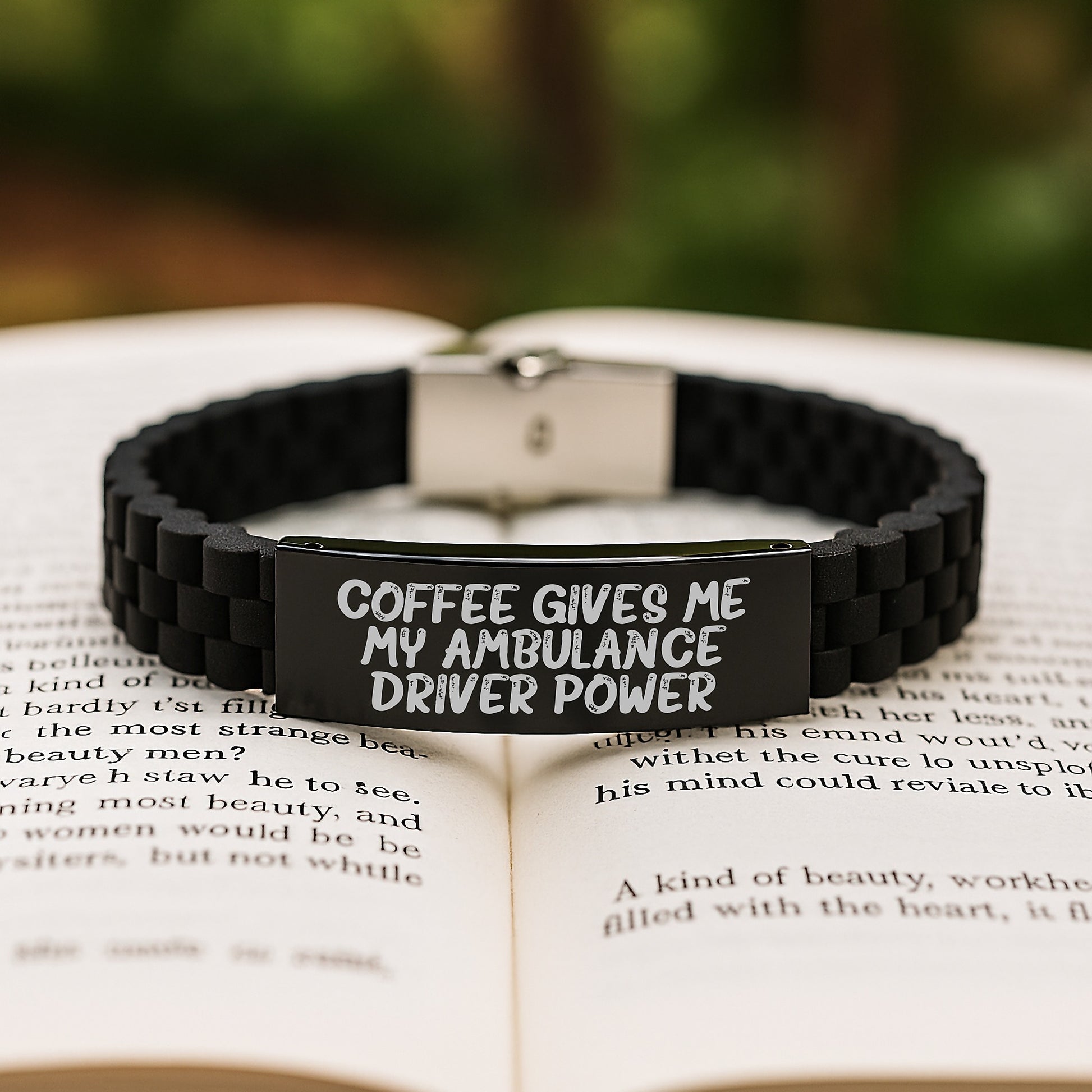 Ambulance Driver Power Gifts from Friends for Ambulance Driver Graduation - Coffee Quote Glide lock Clasp Black Stainless Steel Silicone Adjustable Bracelt - Image 2