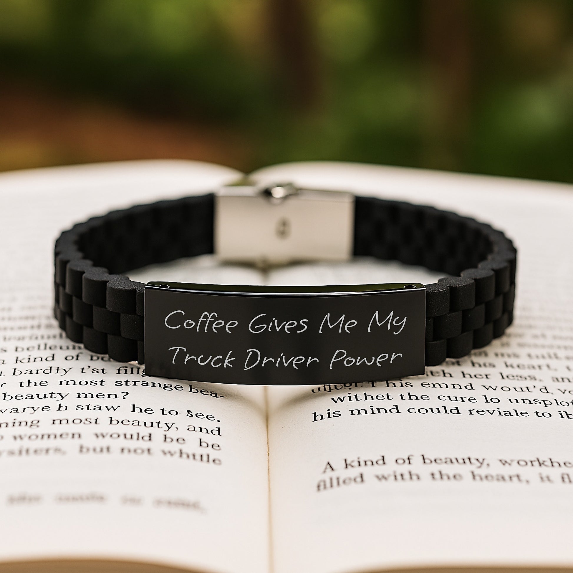 Funny Truck Driver Gifts - Coffee Gives Me My Power Glide lock Clasp Bracelet for Men Graduation, Black, Adjustable, Silver-Black Stainless Steel-Silicone, Gifts from Friends or Family - Image 2