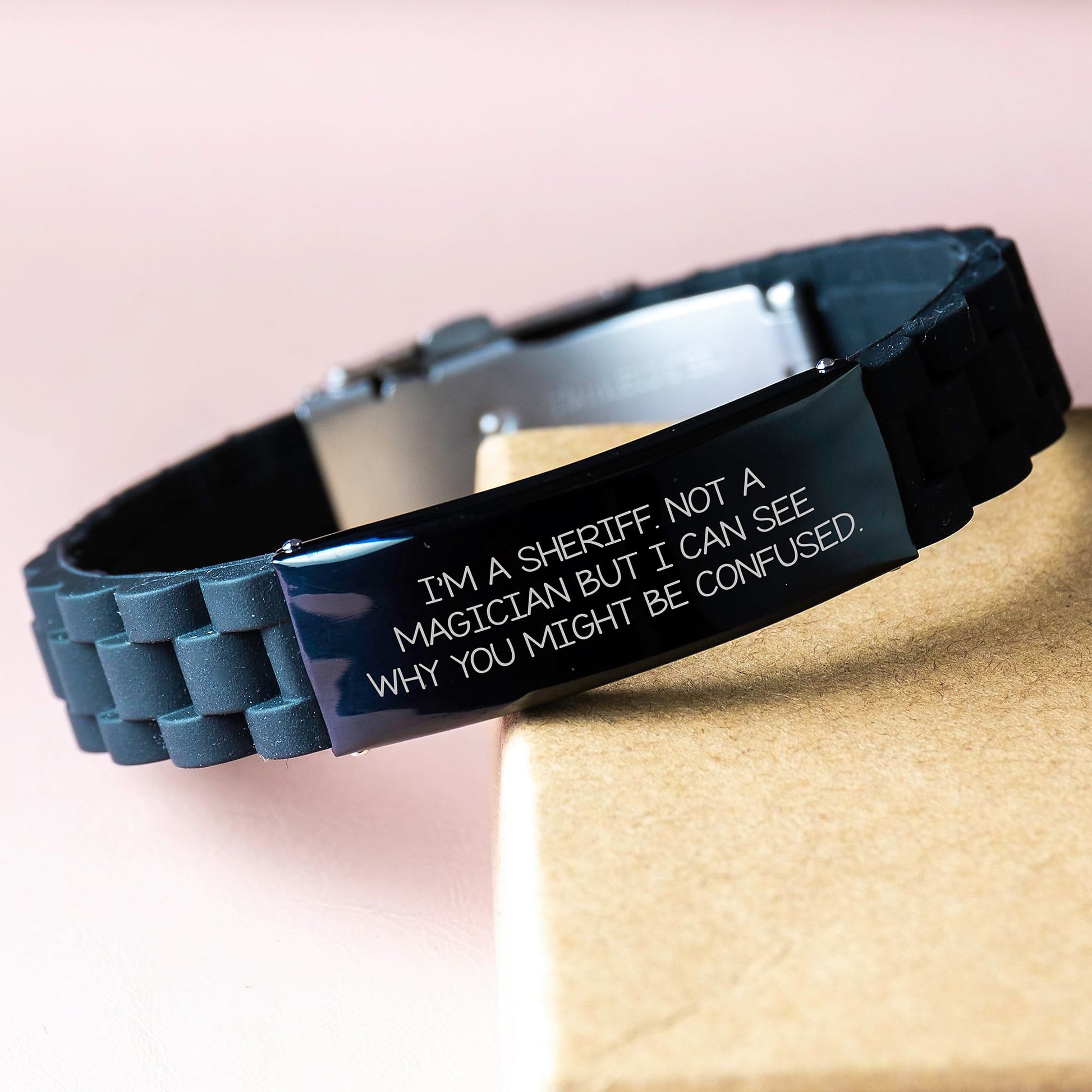 Funny Sheriff Gifts from Friends - 'I'm A Sheriff. Not A Magician...' Glide lock Clasp Black Stainless Steel Silicone Adjustable Graduation Unique Gifts for Men - Image 3