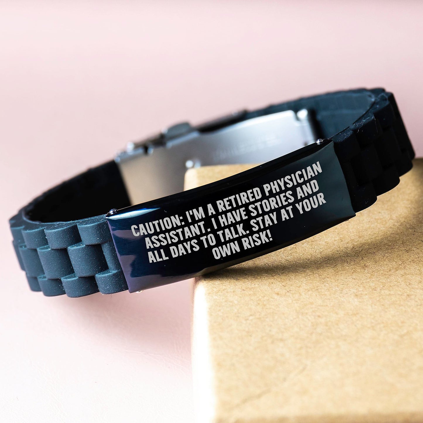 Funny Physician Assistant Gifts from Friends - 'Caution: I'm A Retired Physician Assistant...' Glide lock Clasp Black Stainless Steel Silicone Adjustable Graduation Unique Gifts - Image 3