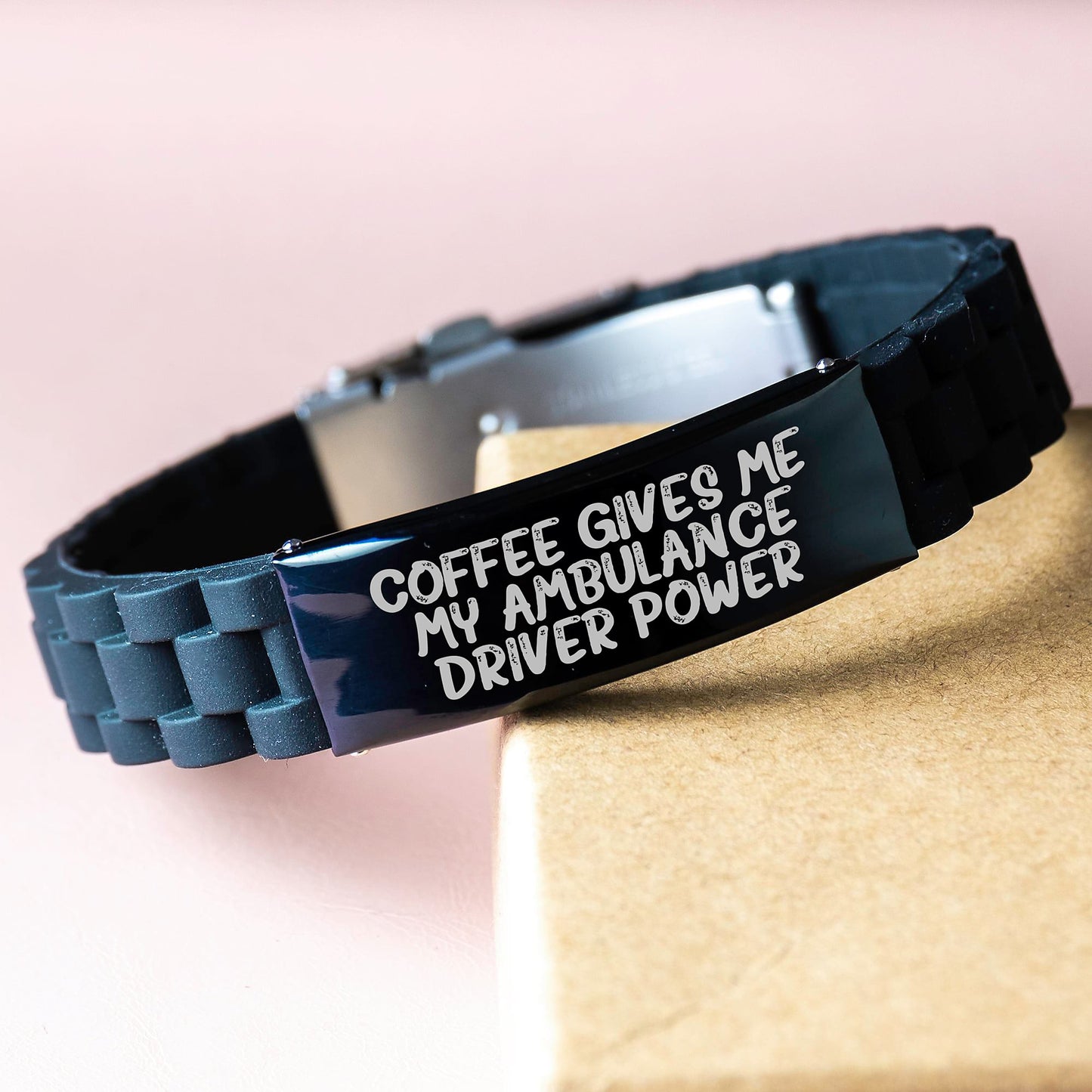 Ambulance Driver Power Gifts from Friends for Ambulance Driver Graduation - Coffee Quote Glide lock Clasp Black Stainless Steel Silicone Adjustable Bracelt - Image 3