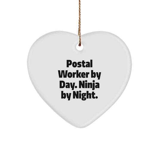 Funny Postal Worker Gifts from Friends - Heart Ornament for Christmas, 'Postal Worker By Day. Ninja By Night.' Quote - Image 1