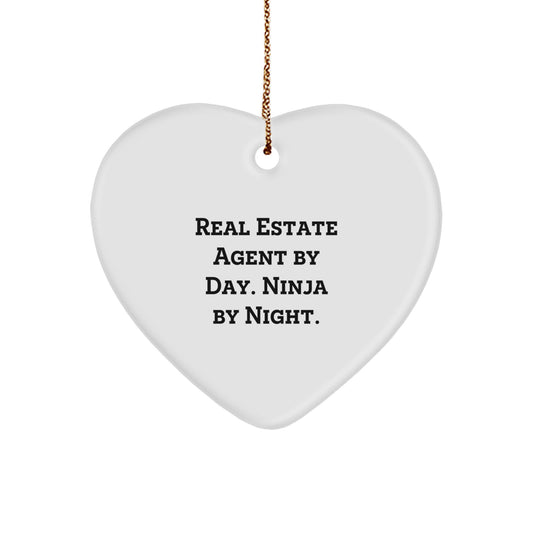 Real Estate Agent Gifts for Christmas: 'Real Estate Agent By Day. Ninja By Night.' Heart Ornament with Funny Quote - Image 1