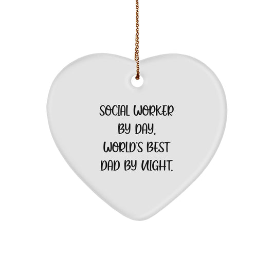 Social Worker Gifts, Funny Heart Ornament, 'Social Worker By Day, World's Best Dad By Night.' - Gifts from Mom to Social Worker, Christmas Unique Present - Image 1