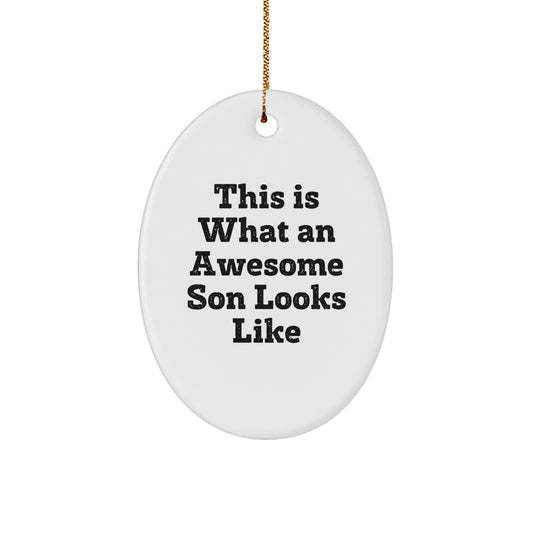 Funny Son Gifts from Mom, Dad, or Friends for Christmas - 'This Is What An Awesome Son Looks Like' Oval Ornament - Image 1