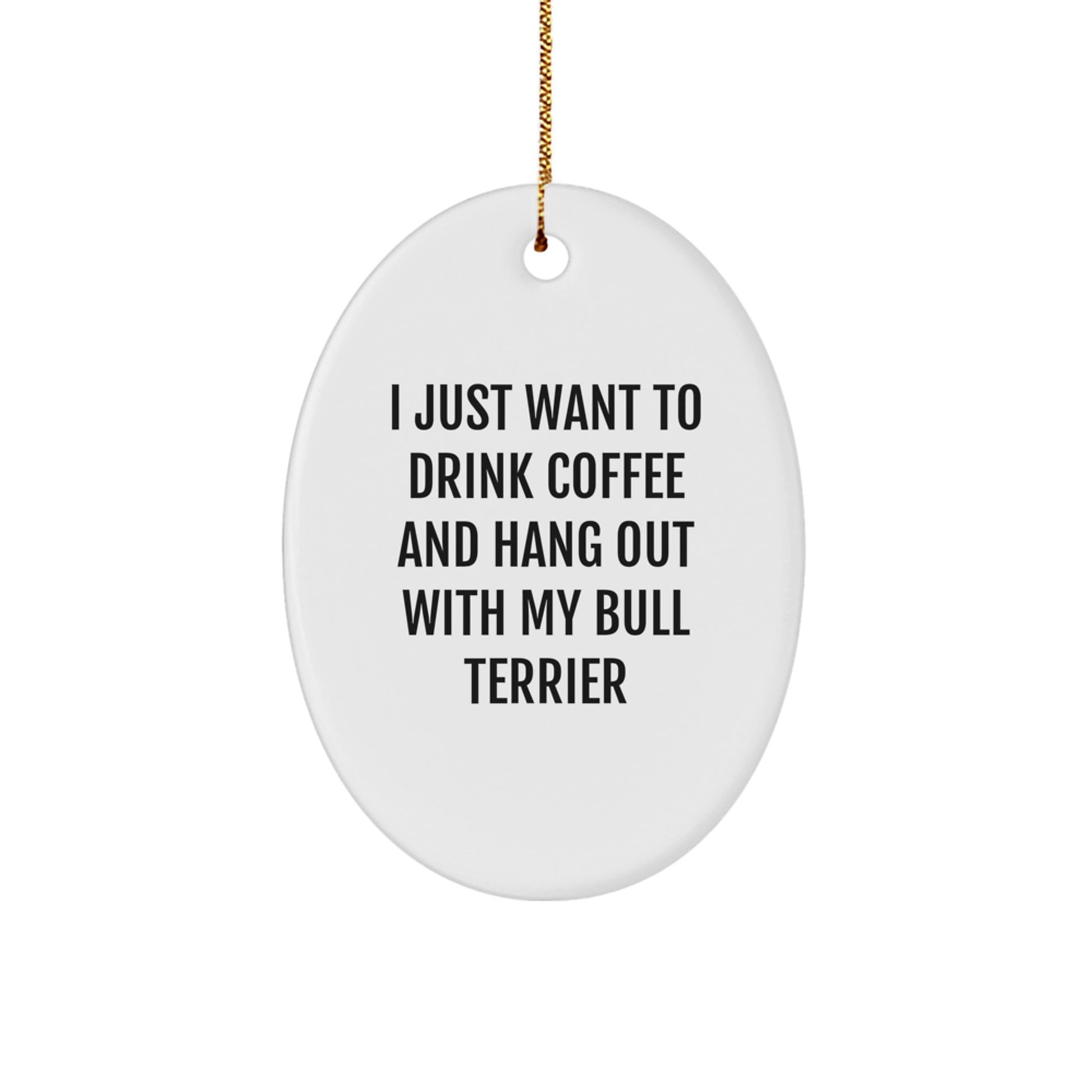 Funny Bull Terrier Dog Gifts from Friends - Oval Ornament I Just Want To Drink Coffee And Hang Out With My Bull Terrier Christmas Unique Gifts - Image 1