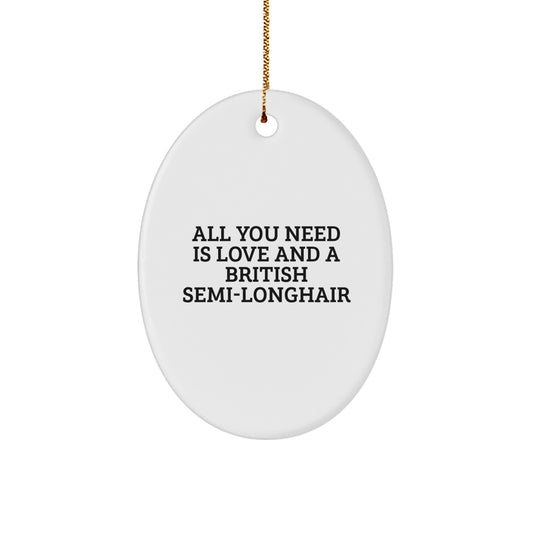 British Semi-Longhair Cat Lovers Christmas Unique Gifts from Friends, Family, or Coworkers - Oval Ornament with 'All You Need Is Love And A British Semi-longhair' Quote - Image 1