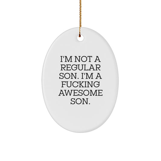 Funny Son Gifts from Family, 'I'm Not A Regular Son. I'm A F--king Awesome Son.' Oval Ornament for Son, Unique Christmas Unique Gifts - Image 1