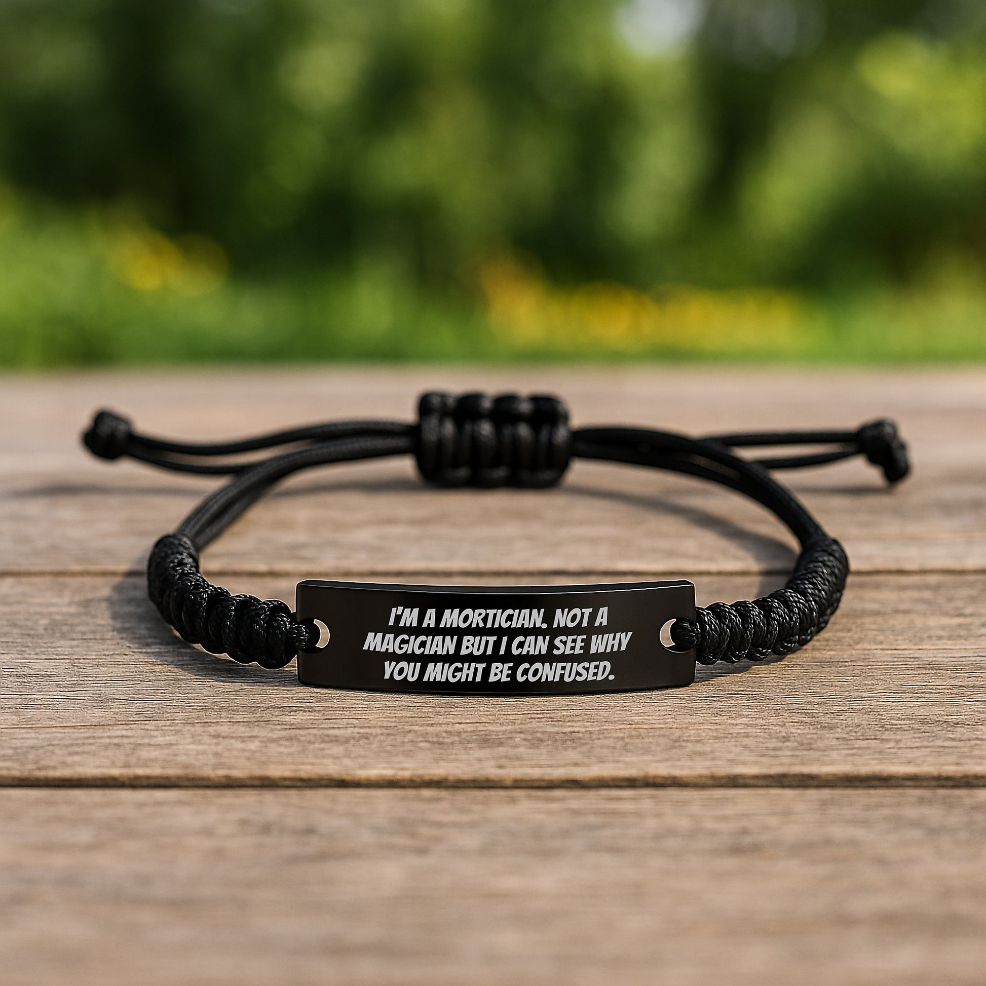 Mortician Humor Rope Bracelet, Funny Birthday Unique Gift for Mortician Friends and Family, 'I'm Not a Magician' Engraved, Adjustable Black Stainless Steel with Interlaced Rope - Image 2