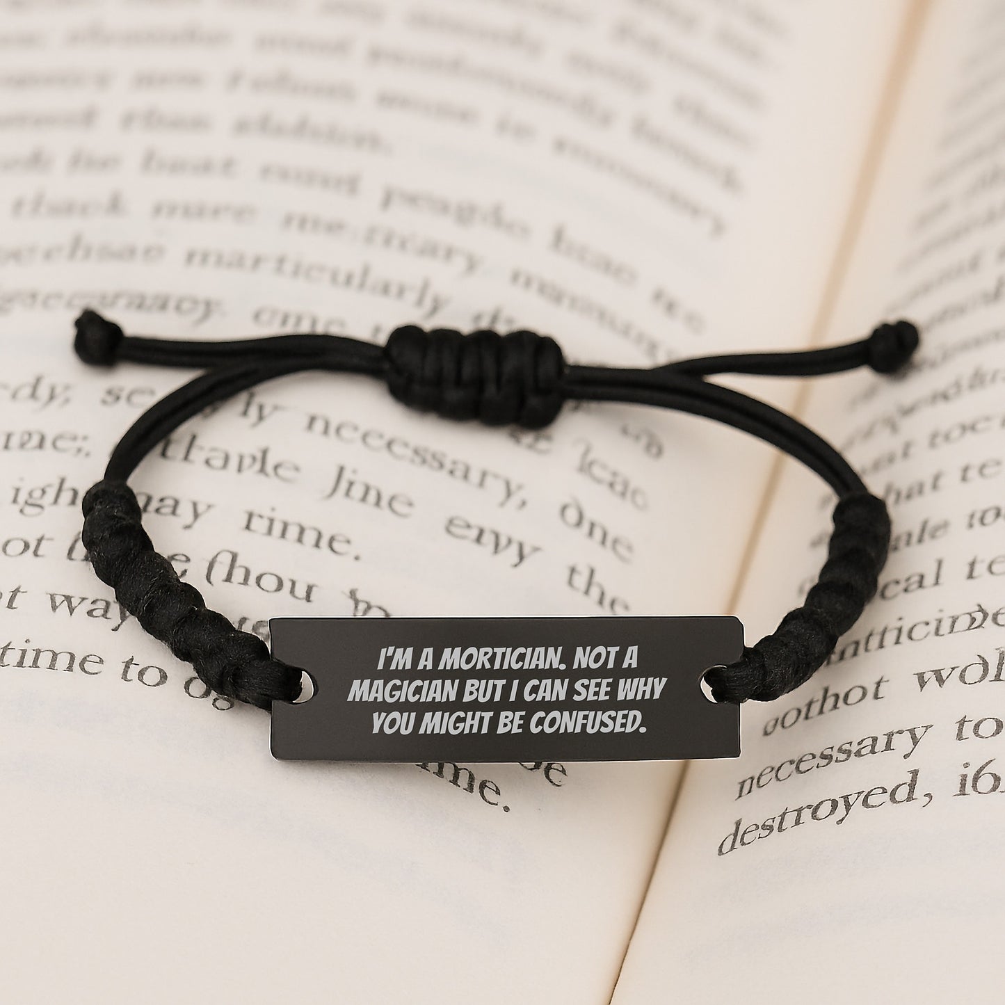 Mortician Humor Rope Bracelet, Funny Birthday Unique Gift for Mortician Friends and Family, 'I'm Not a Magician' Engraved, Adjustable Black Stainless Steel with Interlaced Rope - Image 3