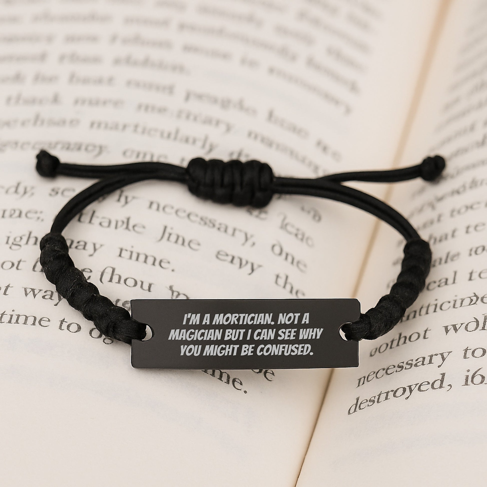 Mortician Humor Rope Bracelet, Funny Birthday Unique Gift for Mortician Friends and Family, 'I'm Not a Magician' Engraved, Adjustable Black Stainless Steel with Interlaced Rope - Image 3