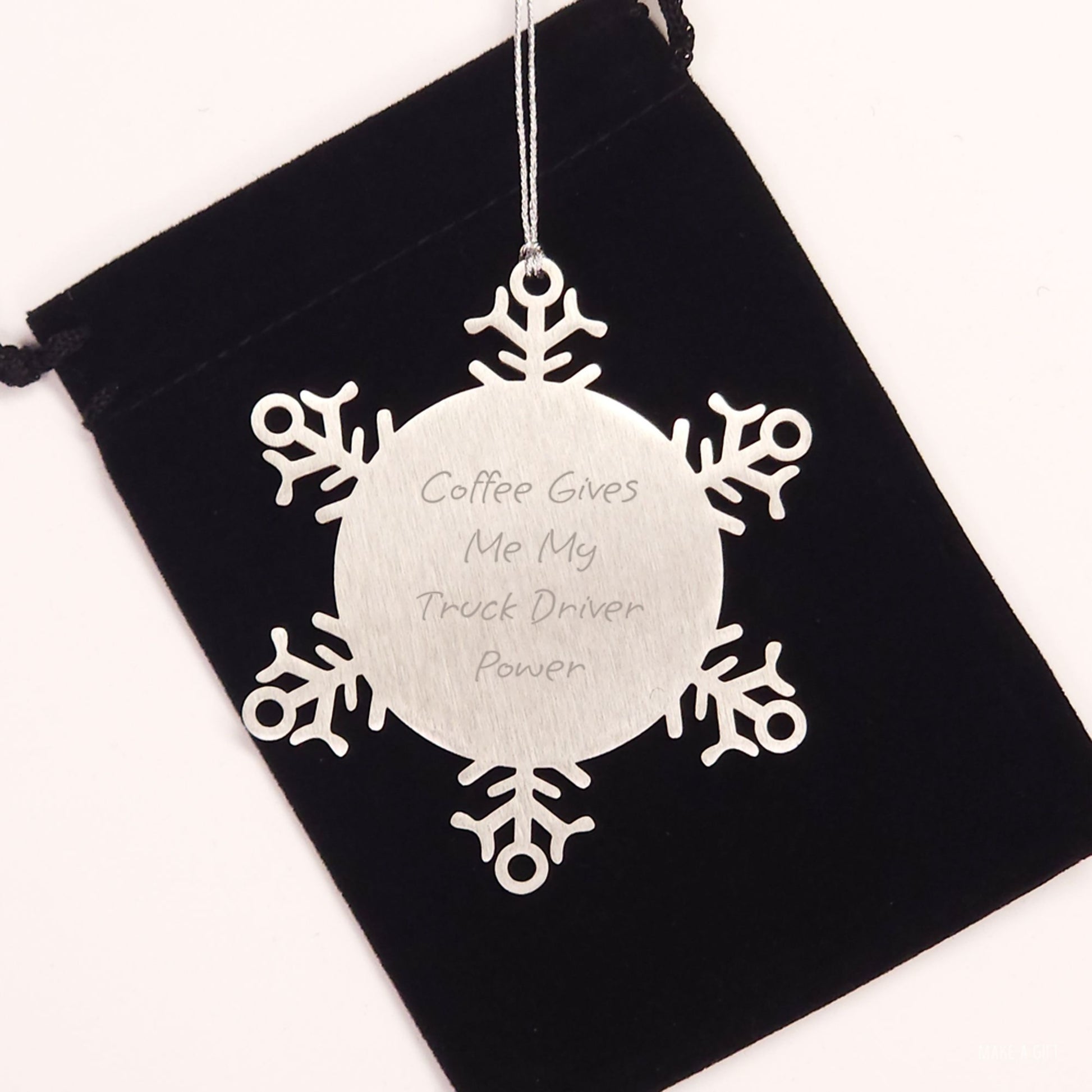 Funny Quote Truck Driver Gifts from Men for Christmas Unique Snowflake Ornament, 'Coffee Gives Me My Truck Driver Power' - Image 2